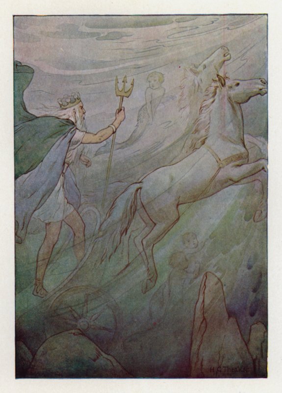 Il Re del Mare nel suo carro scintillante, trainato da cavalli verdi (litografia a colori) da Harry George Theaker