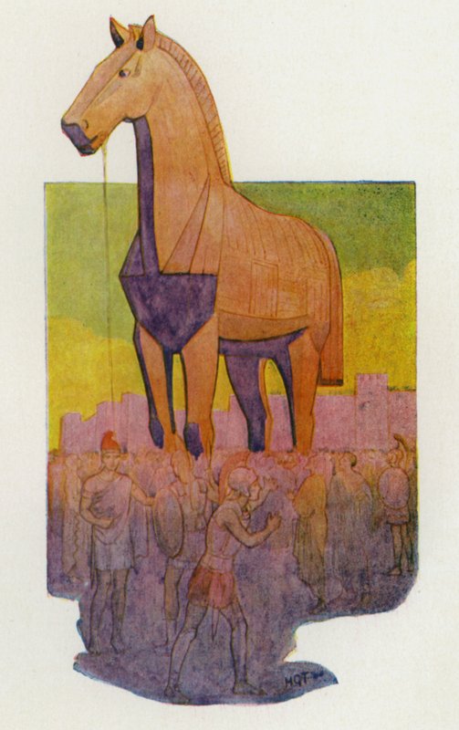 Il cavallo di Troia (litografia a colori) da Harry George Theaker