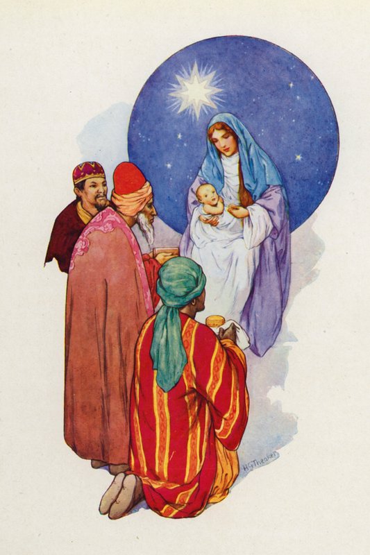 I Magi videro il bambino con Maria sua madre, caddero a terra e lo adorarono (litografia a colori) da Harry George Theaker