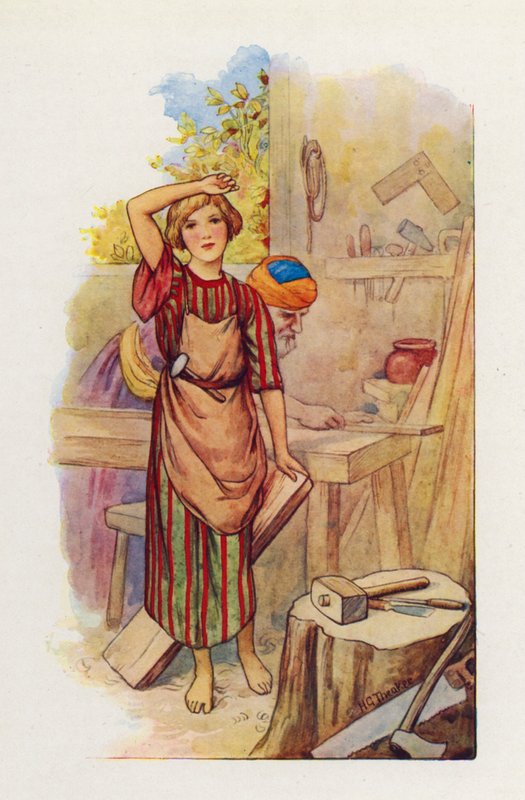 Il ragazzo Gesù inizia a imparare il lavoro del falegname (litografia a colori) da Harry George Theaker