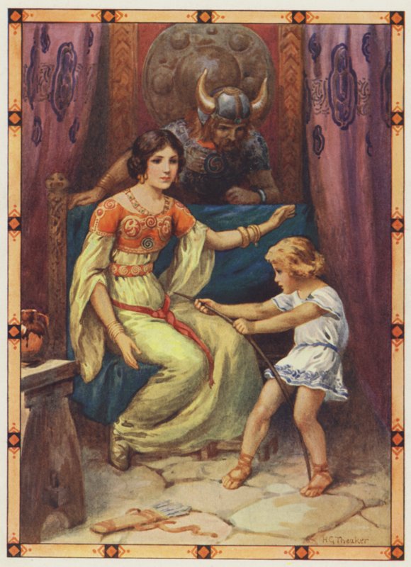 "Il bambino mostrava segni di forza sorprendente", Il tiranno delle isole (litografia a colori) da Harry George Theaker
