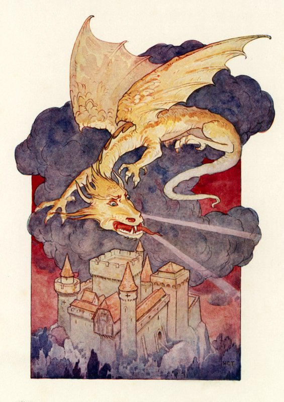 "Il drago spiegò le ali e rimase sospeso, in bilico, sopra il castello" (litografia a colori) da Harry George Theaker