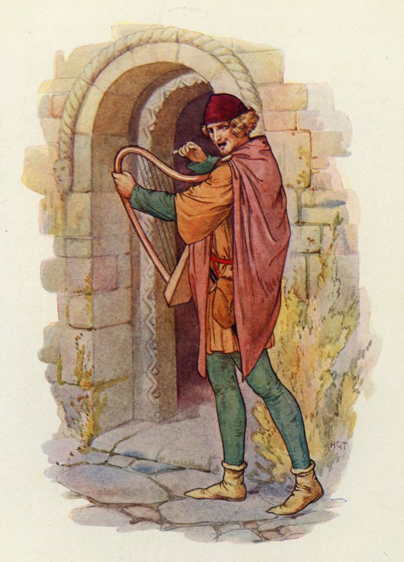 La fama di Robin Hood si diffuse in tutte le contee del Midland, fino alla stessa Londra, e le ballate delle sue gesta cominciarono ad essere cantate (litografia a colori). da Harry George Theaker