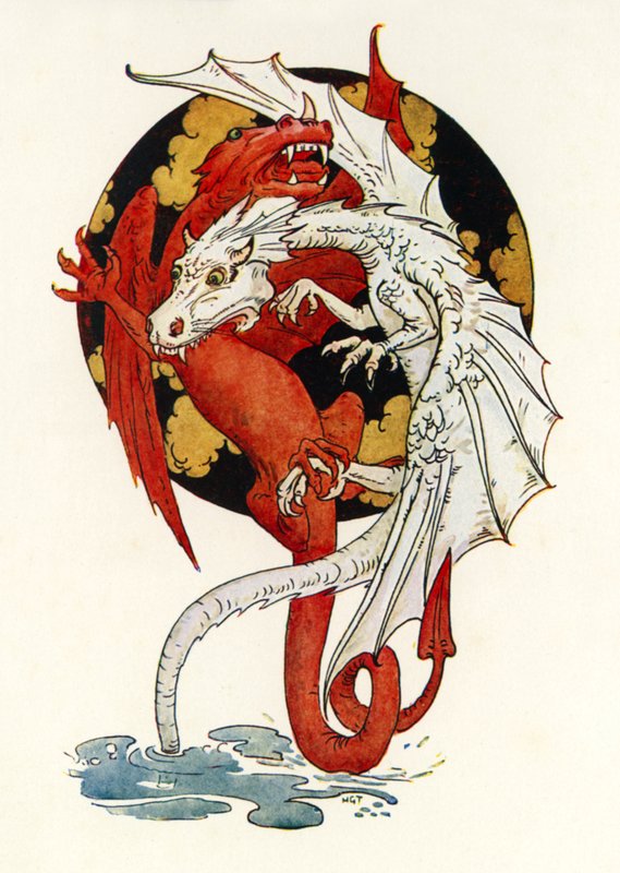 La lotta tra i draghi (litografia a colori) da Harry George Theaker