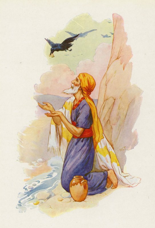I corvi portarono pane e carne a Elia (litografia a colori) da Harry George Theaker