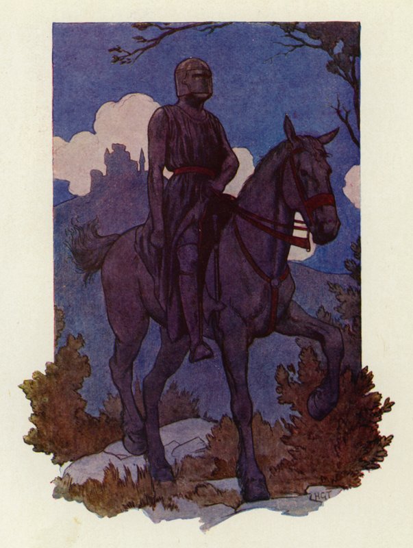 Lo strano cavaliere si avvicinò a loro, cavalcando un grande cavallo nero e armato tutto di nero (litografia a colori). da Harry George Theaker