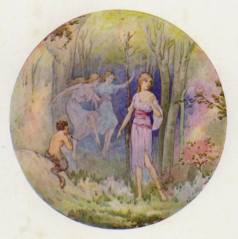 Le ninfe dei boschi che danzavano alla luce del sole e della luna (litografia a colori) da Harry George Theaker