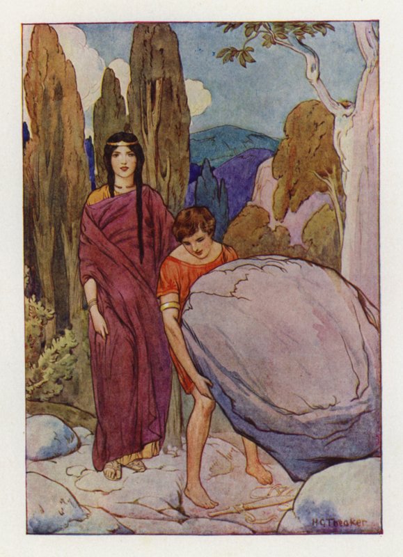 Teseo che solleva la grande roccia, sotto la quale si trovano la spada e i sandali (litografia a colori) da Harry George Theaker