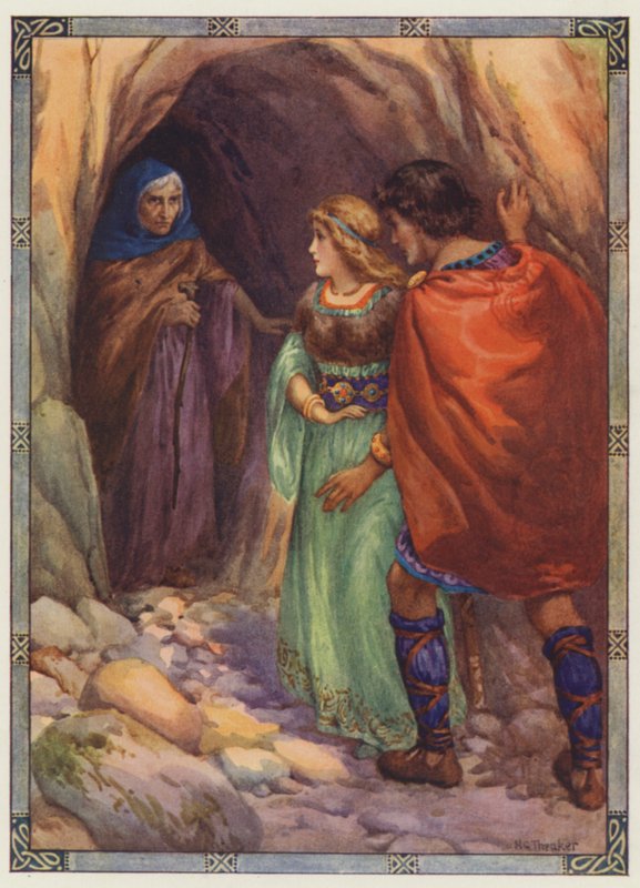 "Giunsero a una grotta in riva al mare", Diarmuid e Grania (litografia a colori) da Harry George Theaker