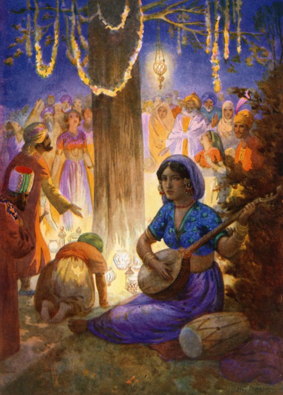 "Vennero con ghirlande, lampade e musica" (litografia a colori) da Harry George Theaker