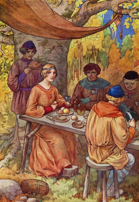 Hanno banchettato allegramente, con Marion ad abbellire la loro tavola (litografia a colori) da Harry George Theaker