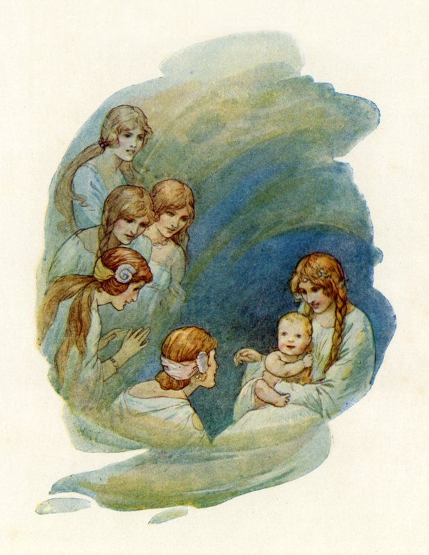 Il piccolo Lancillotto si sveglia e sorride (litografia a colori) da Harry George Theaker