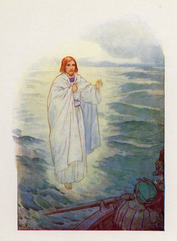 Camminando sul mare agitato, i pescatori videro la figura di Gesù (litografia a colori) da Harry George Theaker