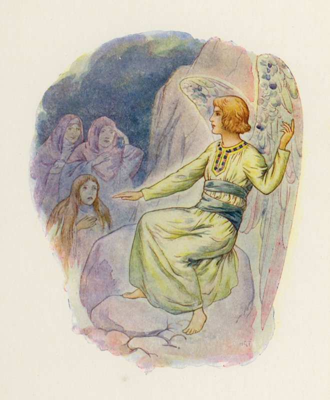 "Perché cercate i vivi tra i morti". (litografia a colori) da Harry George Theaker