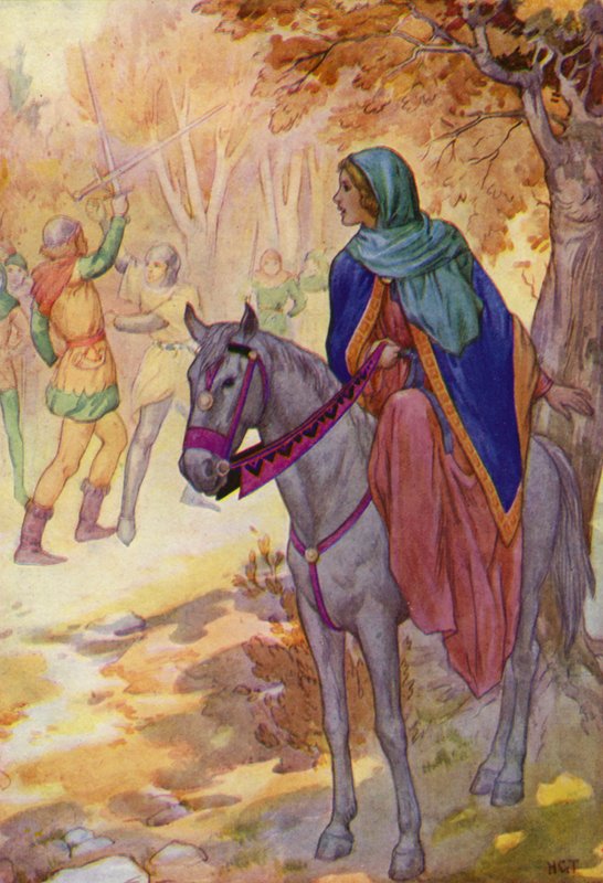 Con una torsione così rapida che nessuno poteva dire come fosse stata fatta, Robin strappò la spada di Guy dalla sua presa (litografia a colori) da Harry George Theaker