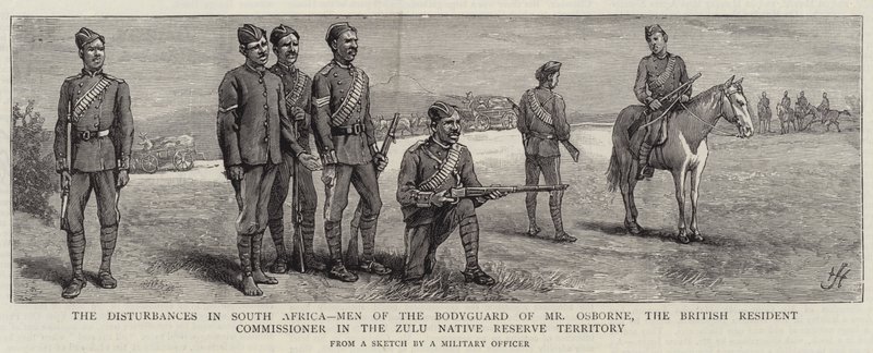 I disordini in Sud Africa, uomini della guardia del corpo del signor Osborne, il commissario residente britannico nel territorio della riserva dei nativi Zulu da Harry Hamilton Johnston