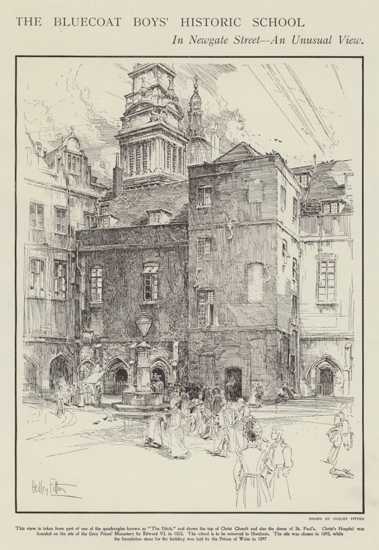 La storica scuola dei Bluecoat Boys in Newgate Street, Londra da Hedley Fitton
