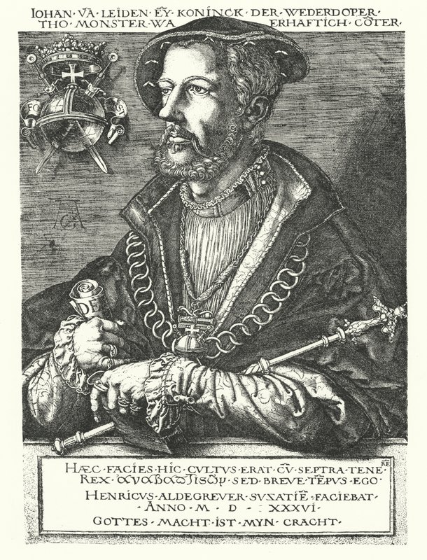 Giovanni di Leida, leader anabattista olandese e uno dei capi della ribellione di Münster del 1534-1535 (incisione) da Heinrich (after) Aldegrever