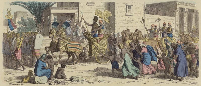 Un faraone egiziano antico che parte per la guerra (incisione colorata) da Heinrich Leutemann