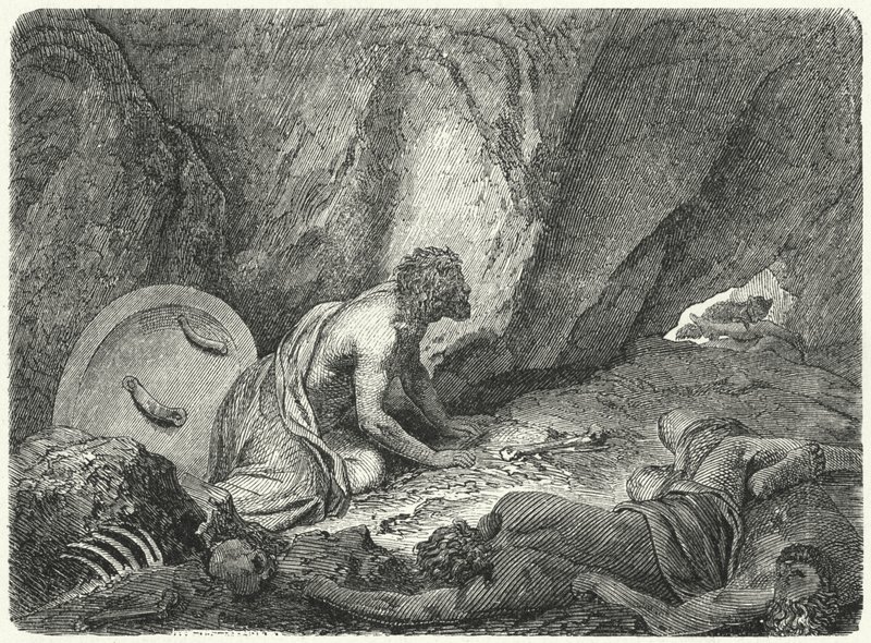 Aristomene che fugge dalla fossa in cui era stato gettato dagli Spartani da Heinrich Leutemann
