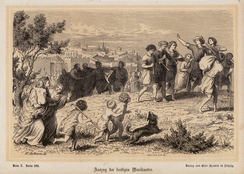 Partenza di una troupe di musicisti romani (incisione) da Heinrich Leutemann
