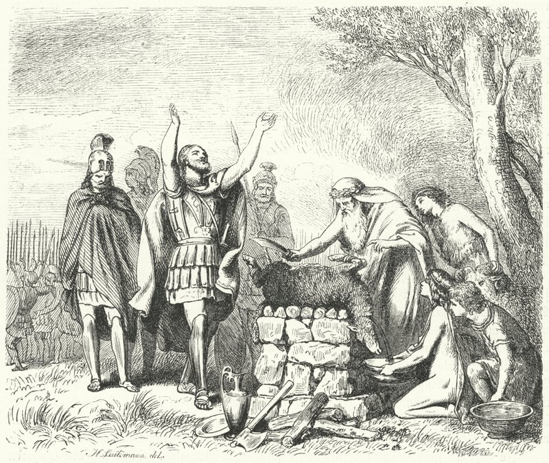 Pausania che fa un sacrificio agli Dei prima della Battaglia di Platea, 479 a.C. da Heinrich Leutemann