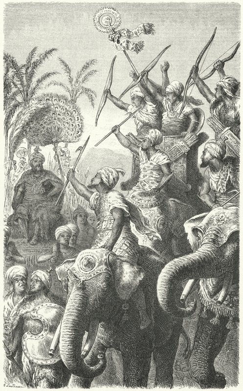 Poro, re dei Paurava, che rivede i suoi elefanti da guerra da Heinrich Leutemann