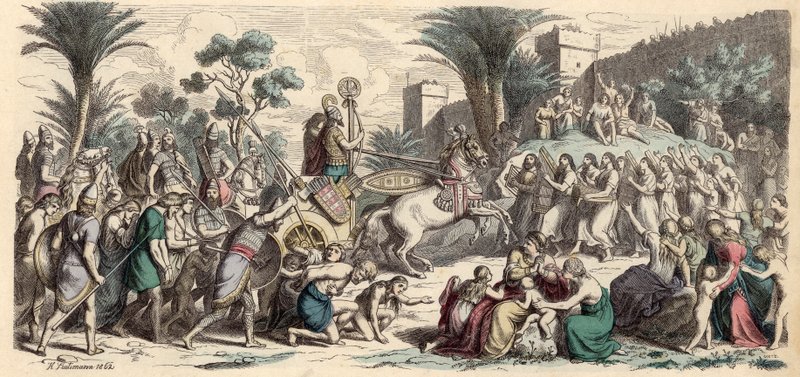 Accoglienza di un esercito assiro vittorioso (incisione colorata) da Heinrich Leutemann