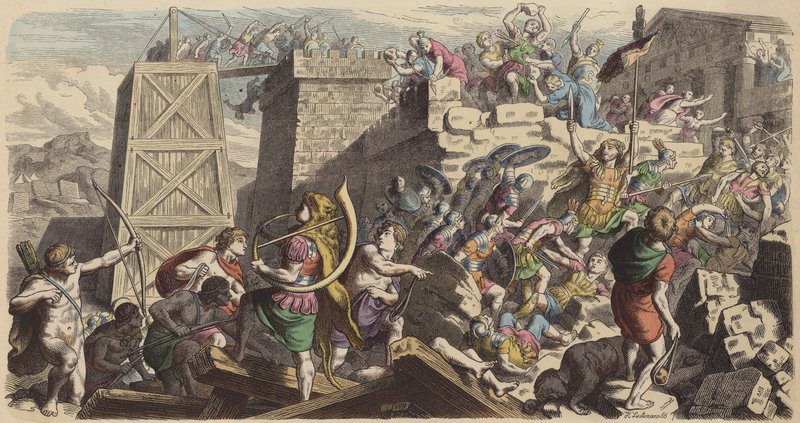 Soldati romani che assaltano una città (incisione colorata) da Heinrich Leutemann