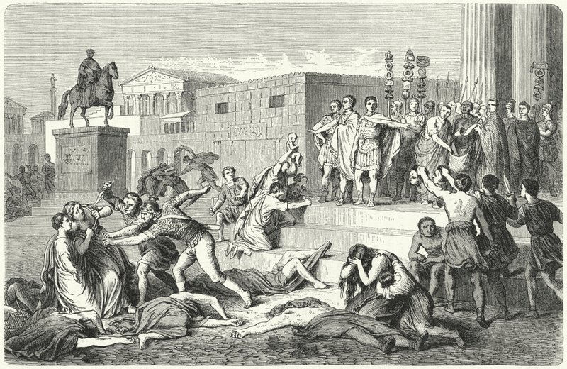 Il triumvirato di Marco Antonio, Marco Emilio Lepido e Ottaviano che proclamano proscrizioni contro i loro nemici politici, 43 a.C. da Heinrich Leutemann