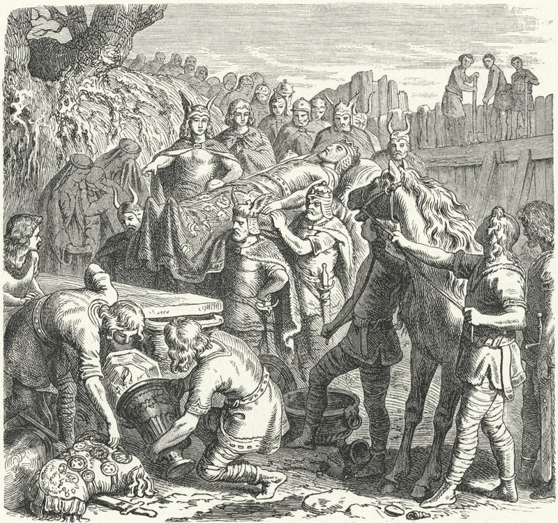 La sepoltura di Alarico I, Re dei Visigoti, nel letto del fiume Busento, 410 (incisione) da Heinrich Leutemann