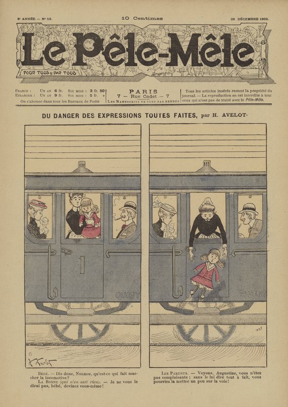 Du danger des expressions toutes faites. Illustrazione per Le Pele-Mele, 1902 da Henri Avelot