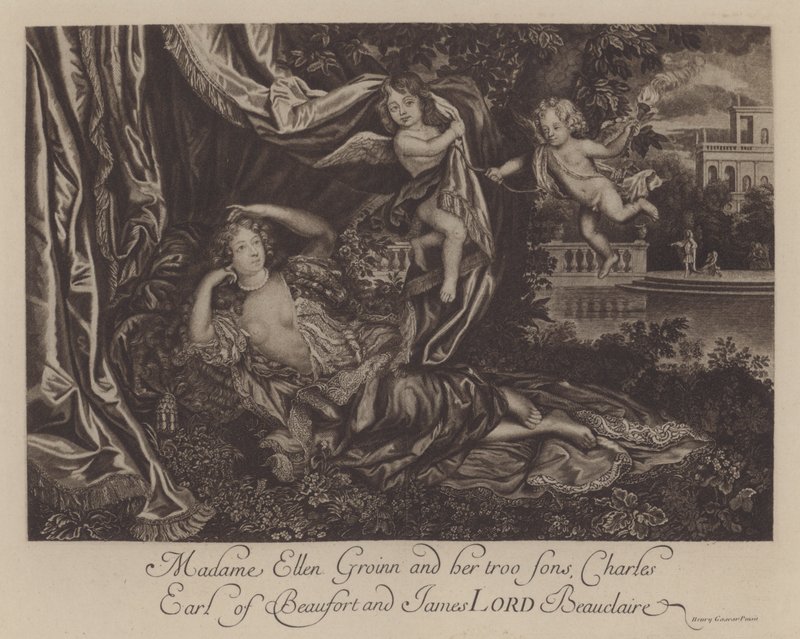 Nell Gwyn e i suoi due figli, Charles, Conte di Burford, e James, Lord Beauclerk (incisione) da Henri Gascar