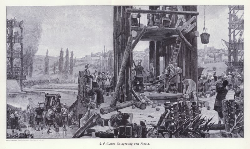 Assedio di Alesia, Gallia, 52 a.C., Illustrazione da Moderne Kunst in Meister-Holzschnitten (Richard Bong, Berlino, c. 1904) da Henri Paul (after) Motte