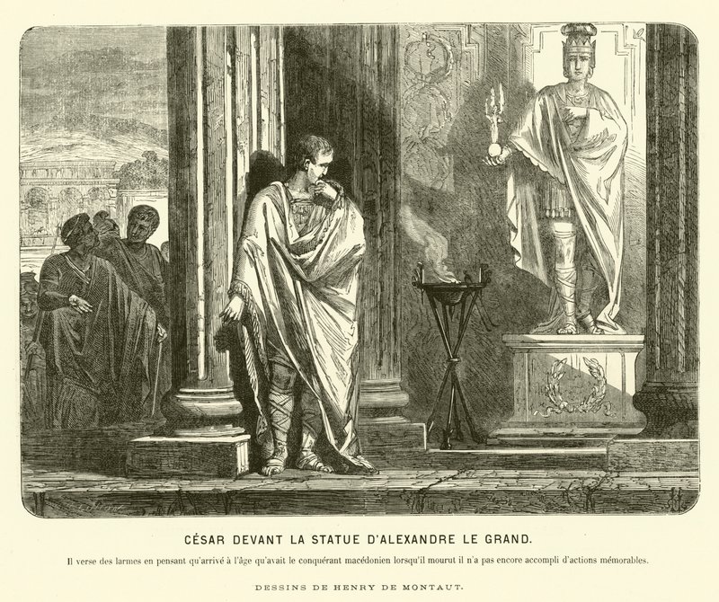 Giulio Cesare davanti a una statua di Alessandro Magno in Spagna, lamentando la scala delle sue conquiste rispetto a quelle di Alessandro alla stessa età della sua morte, c67 a.C. (incisione) da Henri de (after) Montaut