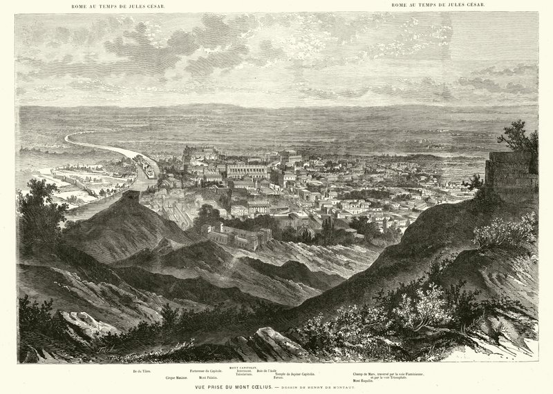 Roma vista dal Colle Celio al tempo di Giulio Cesare (incisione) da Henri de (after) Montaut