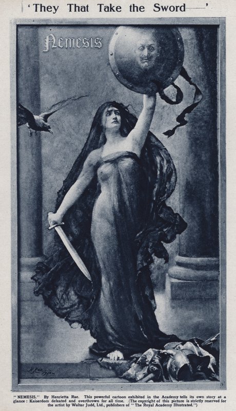 Nemesi, vignetta sulla sconfitta del Kaiser Guglielmo II e della Germania nella Prima Guerra Mondiale esposta alla Royal Academy da Henrietta (after) Rae