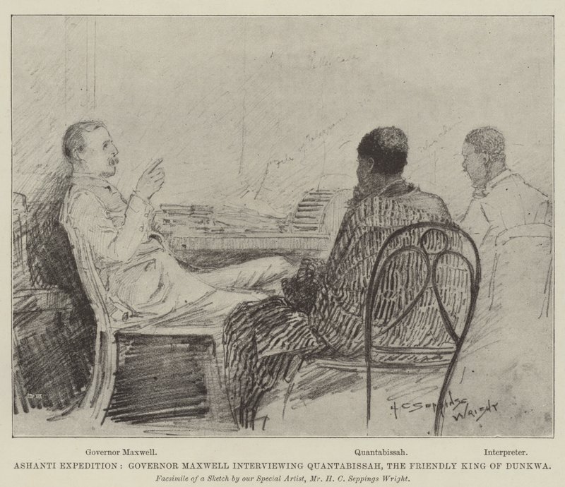 Spedizione Ashanti, il governatore Maxwell intervista Quantabissah, il re amichevole di Dunkwa da Henry Charles Seppings Wright