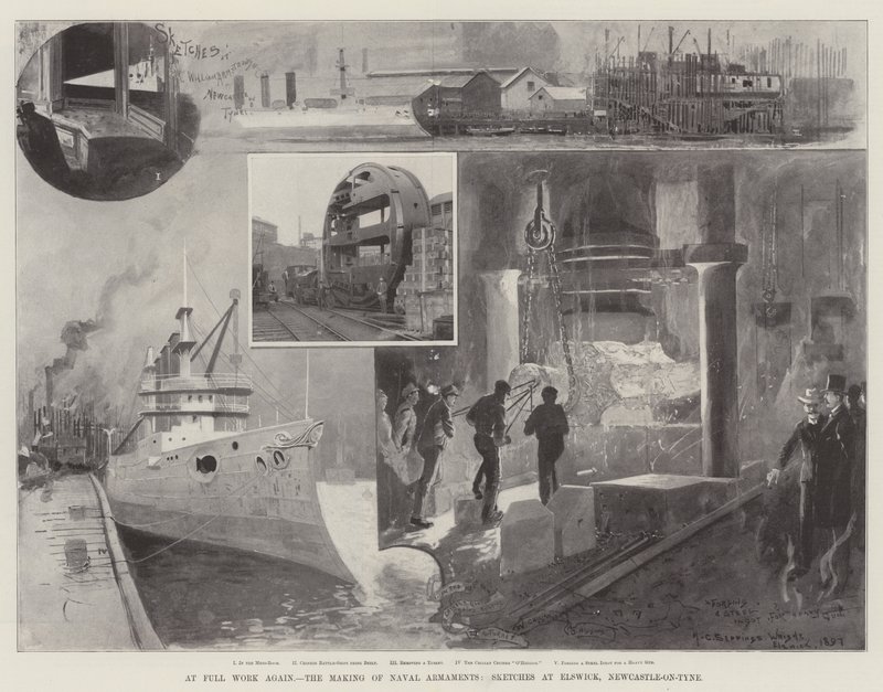 Di nuovo al lavoro, la fabbricazione di armamenti navali, schizzi a Elswick, Newcastle-on-Tyne da Henry Charles Seppings Wright