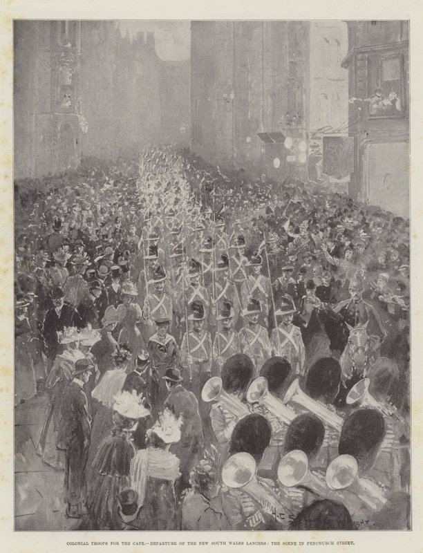 Truppe coloniali per il Capo, partenza dei lancieri del Nuovo Galles del Sud, la scena in Fenchurch Street da Henry Charles Seppings Wright