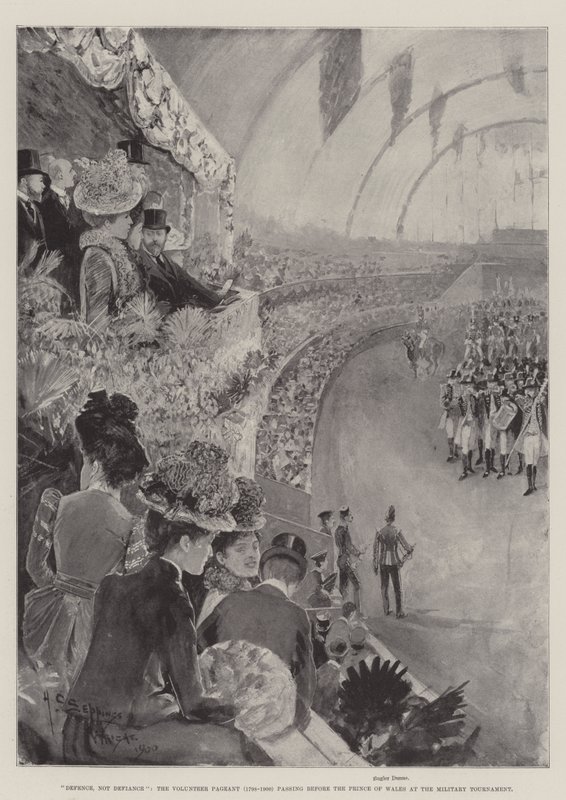 Difesa, non sfida, la parata dei volontari (1798-1900) davanti al Principe di Galles al torneo militare da Henry Charles Seppings Wright