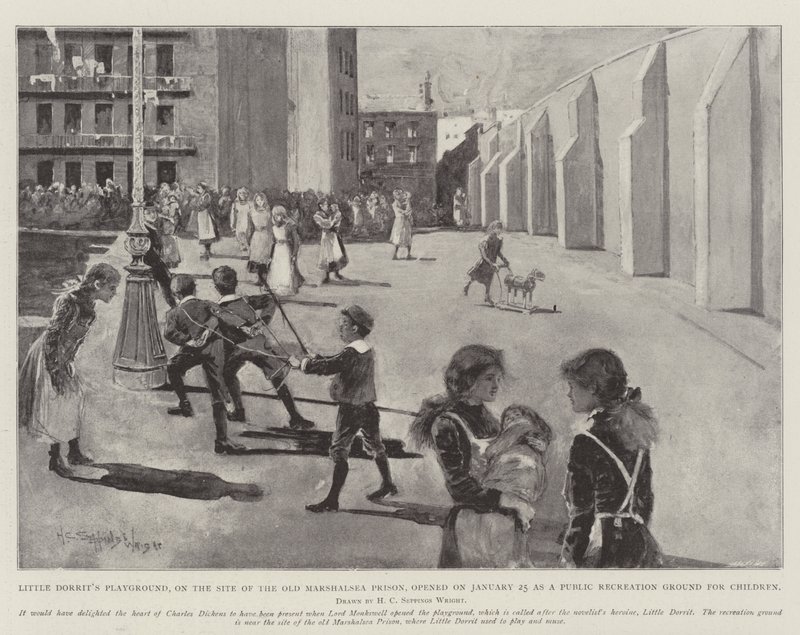 Il Parco Giochi di Little Dorrit, sul Sito della Vecchia Prigione di Marshalsea, aperto il 25 gennaio come Parco Ricreativo Pubblico per Bambini da Henry Charles Seppings Wright