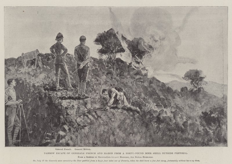 Fuga stretta dei generali French e Mahon da un proiettile boero da quaranta libbre fuori Pretoria da Henry Charles Seppings Wright