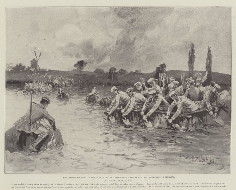 Nuovo metodo di attraversamento dei fiumi da parte della fanteria, testato nelle recenti manovre militari in Germania da Henry Charles Seppings Wright