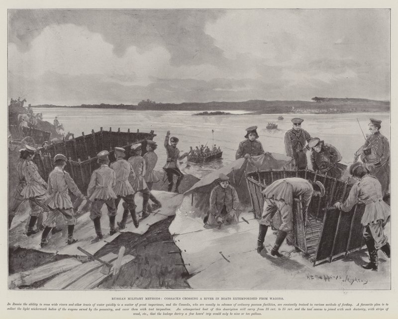 Metodi militari russi, cosacchi che attraversano un fiume su barche improvvisate da carri da Henry Charles Seppings Wright