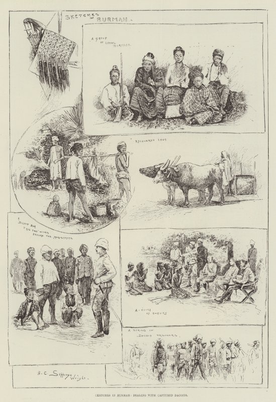 Schizzi in Birmania, trattando con i Dacoits catturati da Henry Charles Seppings Wright