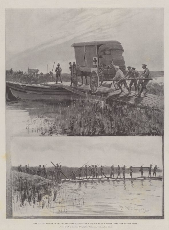 Le forze alleate in Cina, la costruzione di un ponte su un torrente vicino al fiume Pei-ho da Henry Charles Seppings Wright