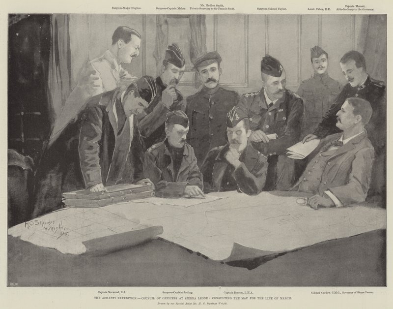 Spedizione Ashanti, Consiglio degli Ufficiali a Sierra Leone, consultando la mappa per la linea di marcia da Henry Charles Seppings Wright
