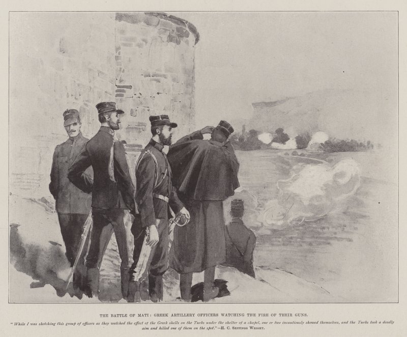 La battaglia di Mati, ufficiali di artiglieria greci osservano il fuoco dei loro cannoni da Henry Charles Seppings Wright