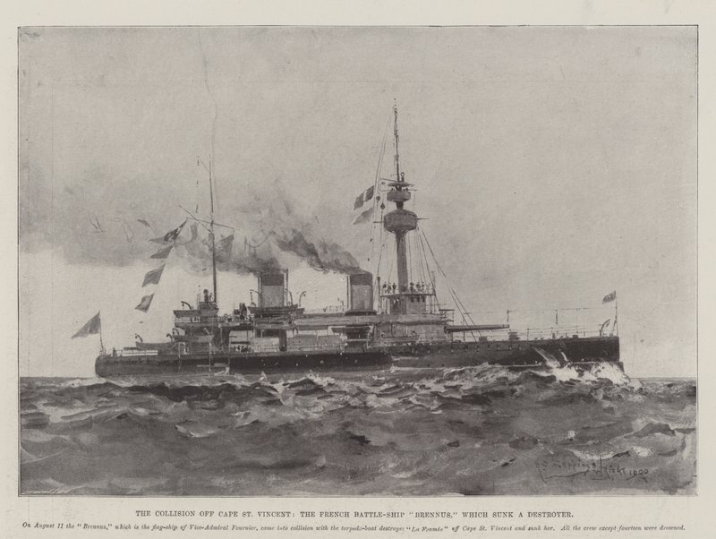 La collisione al largo di Capo San Vincenzo, la nave da battaglia francese Brennus, che ha affondato un cacciatorpediniere da Henry Charles Seppings Wright